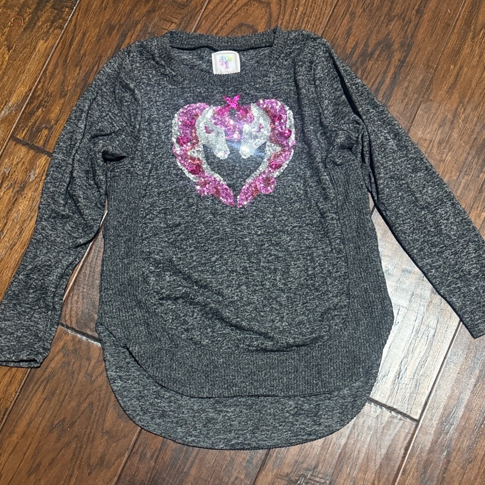 Charcoal Long Sleeve Kids Tee with Pink Heart Design